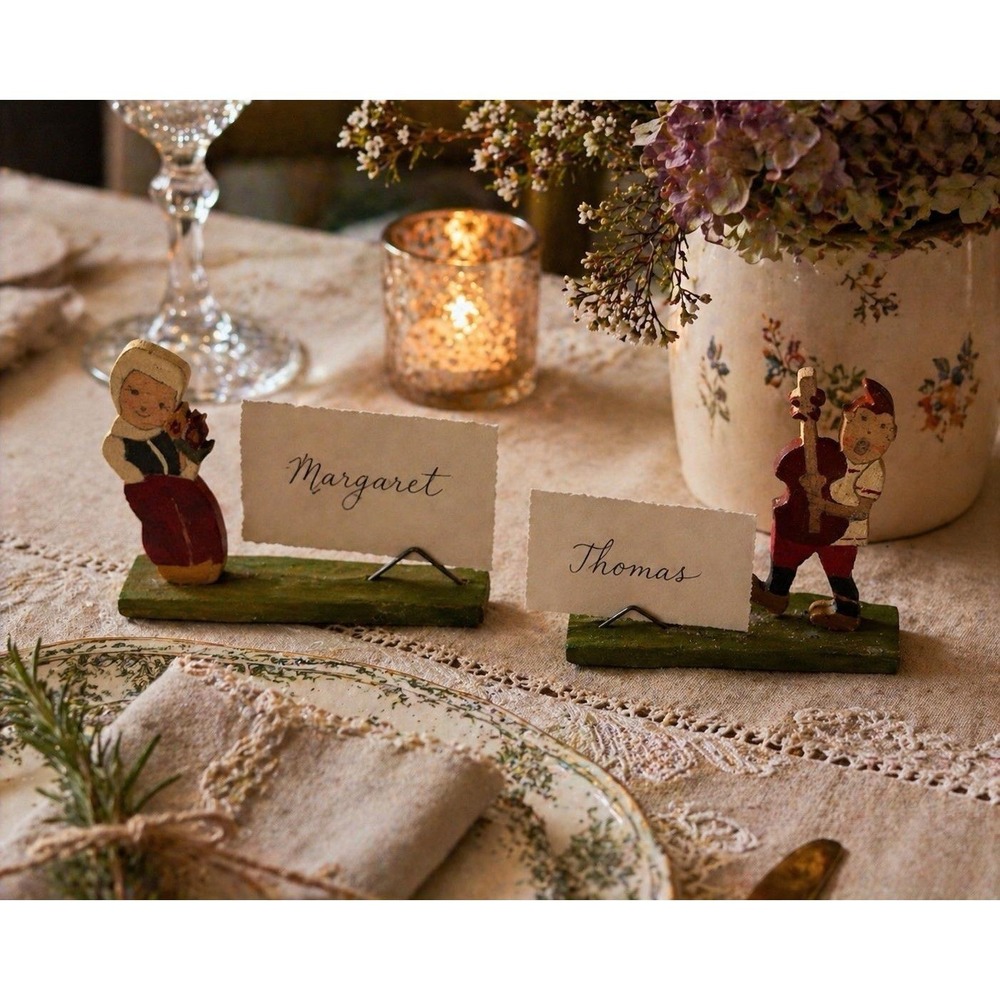 Wood Place Card Holders Set Folk Art Cottagecore Figures Table Name Holders 1940